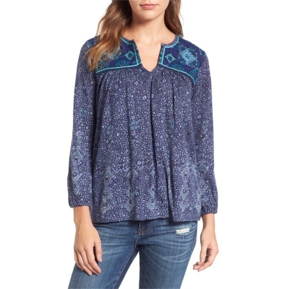 Lucky Brand Boho Blue Embroidered Long Sleeve Pullover Casual Top Small - Picture 1 of 8